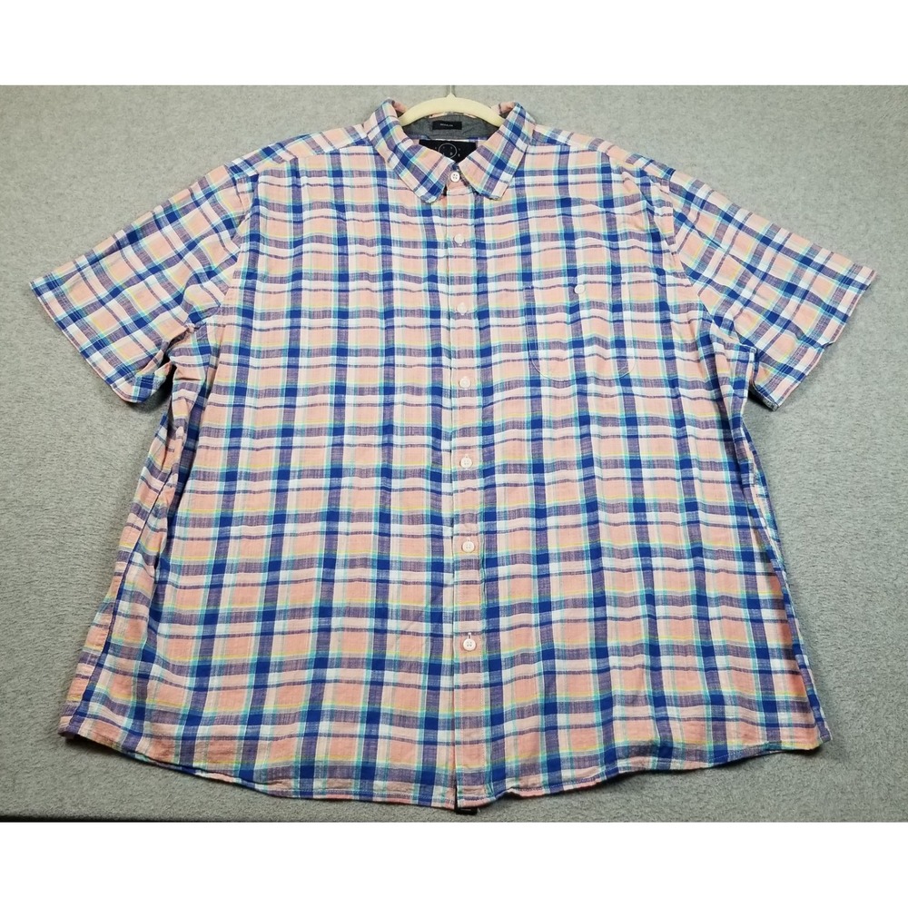 Even Tide Button Up Shirt Mens 2XL XXL Pink Blue Plaid Short Sleeve Work Casual